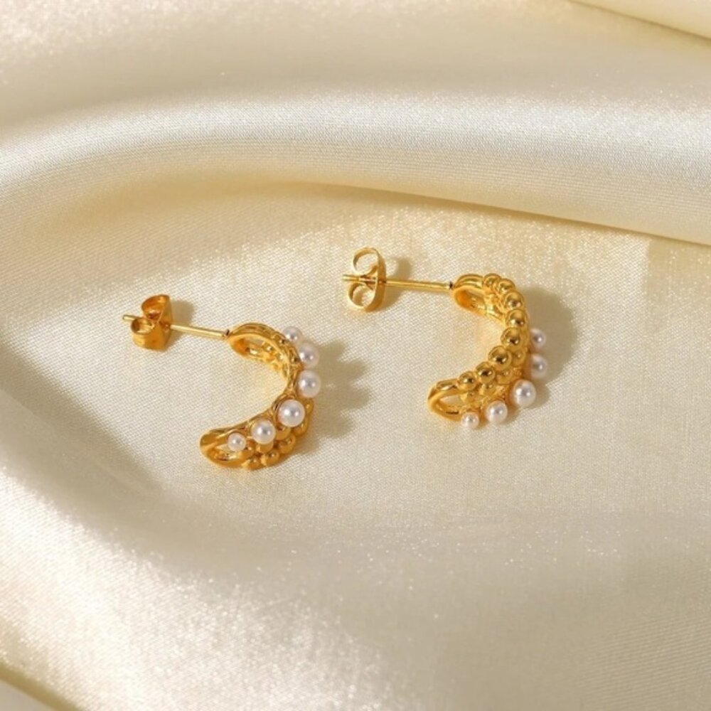 18k Gold Plated Bead Pearl Hoop Earrings